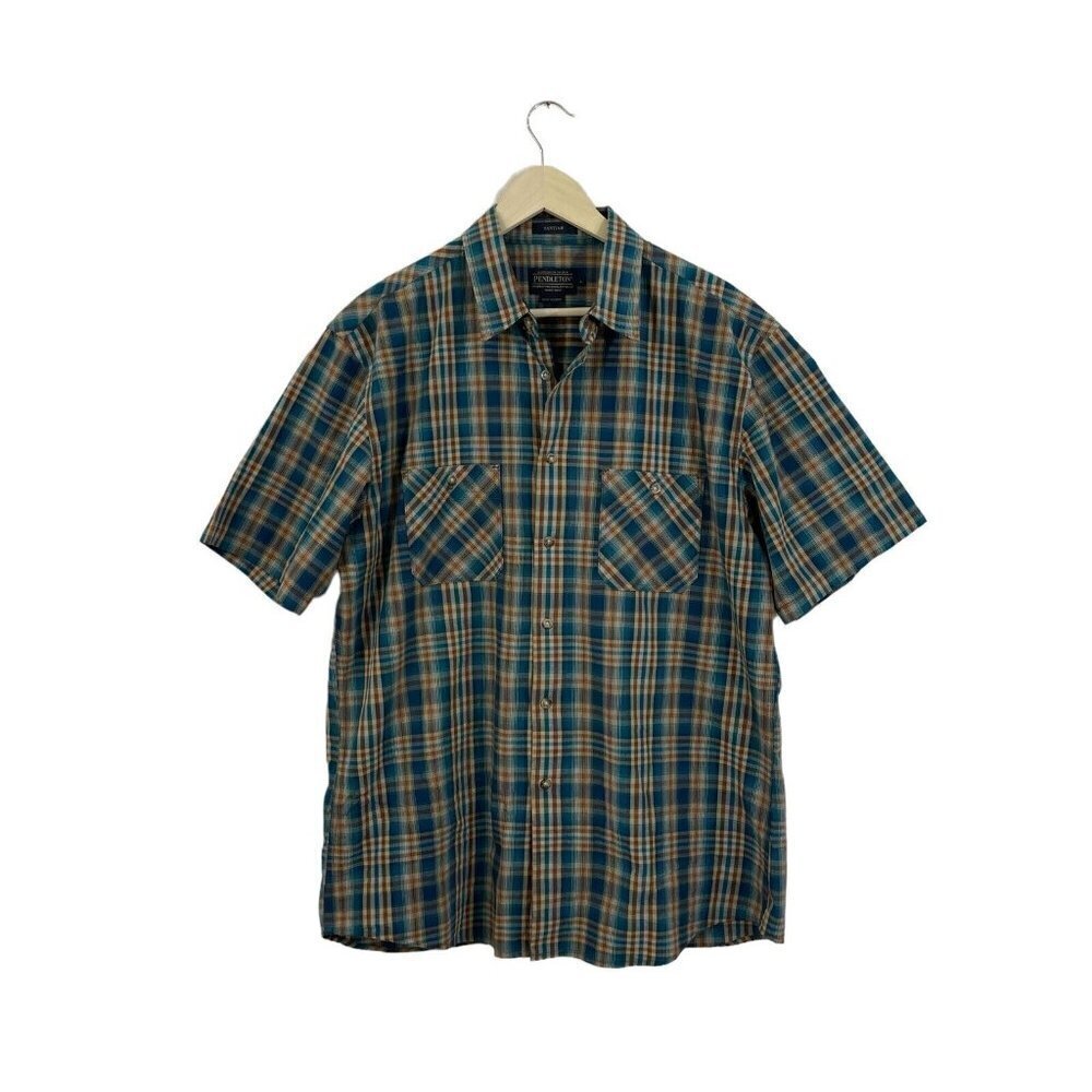 Pendleton Large Santiam Button Front Shirt Plaid Short Sleeve Cotton Mens READ